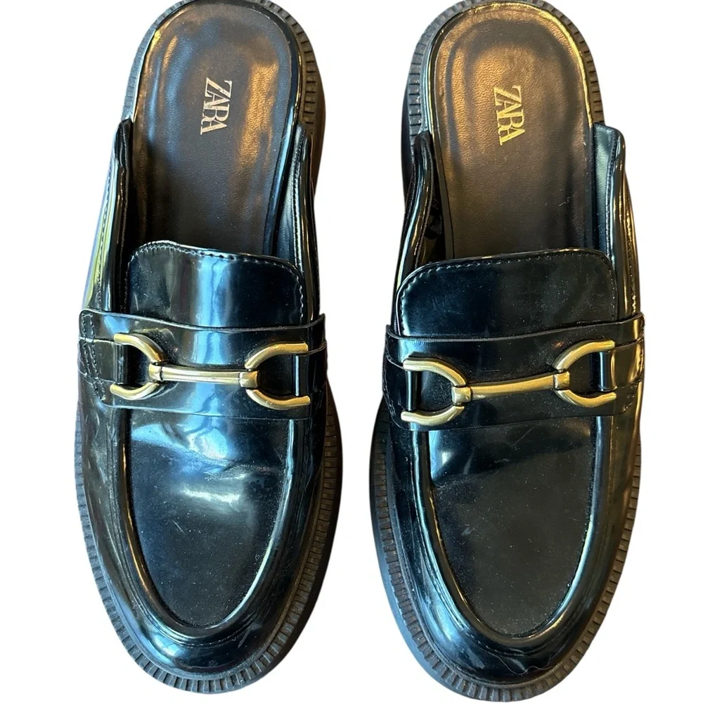 Zara Black Patent Mule Loafers Horsebit Hardware Size 6.5
